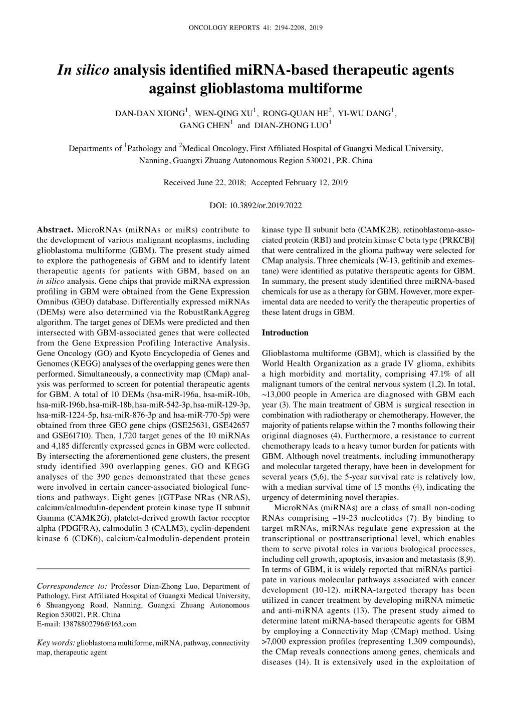 In Silico Analysis Identified Mirna‑Based Therapeutic Agents Against Glioblastoma Multiforme