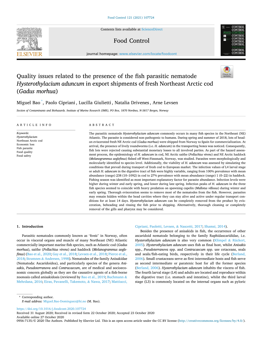 Quality Issues Related to the Presence of the Fish Parasitic Nematode Hysterothylacium Aduncum in Export Shipments of Fresh Northeast Arctic Cod (Gadus Morhua)