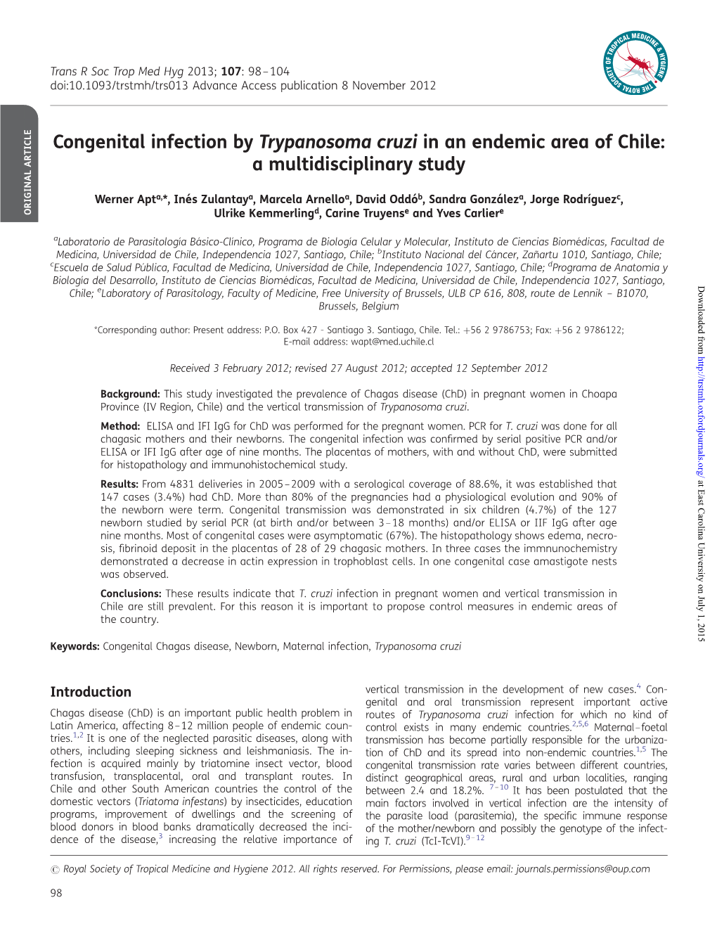 Congenital Infection by Trypanosoma Cruzi in an Endemic Area of Chile: a Multidisciplinary Study