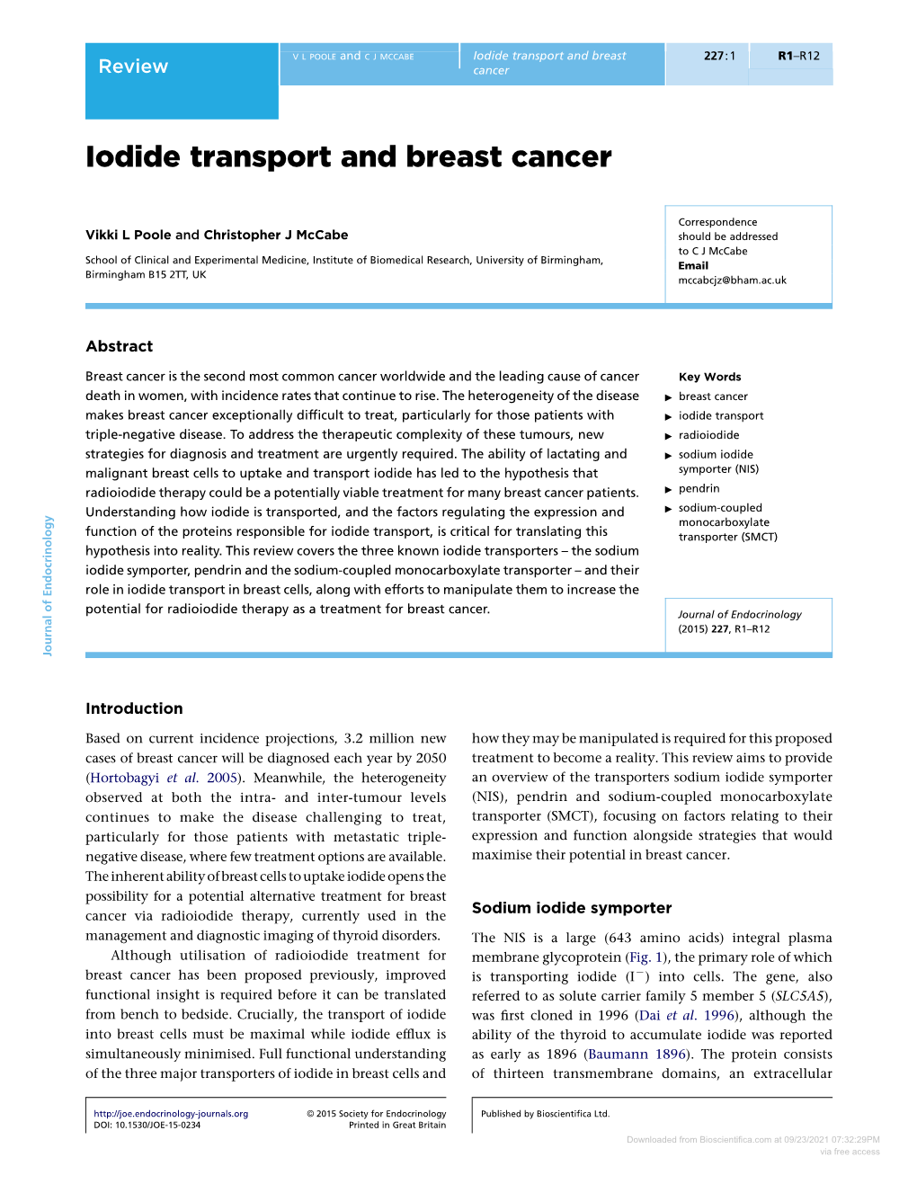 Iodide Transport and Breast Cancer