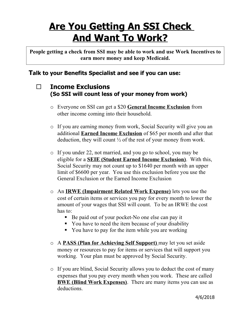 SSDI Title II Social Security Disability Work Incentives s1