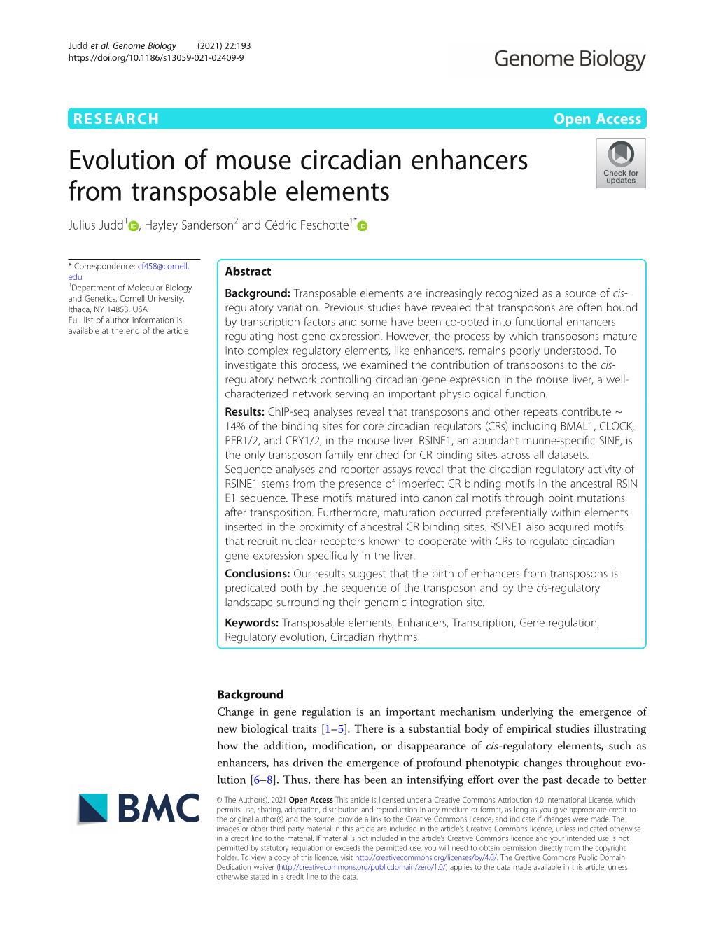 Evolution of Mouse Circadian Enhancers from Transposable Elements Julius Judd1 , Hayley Sanderson2 and Cédric Feschotte1*