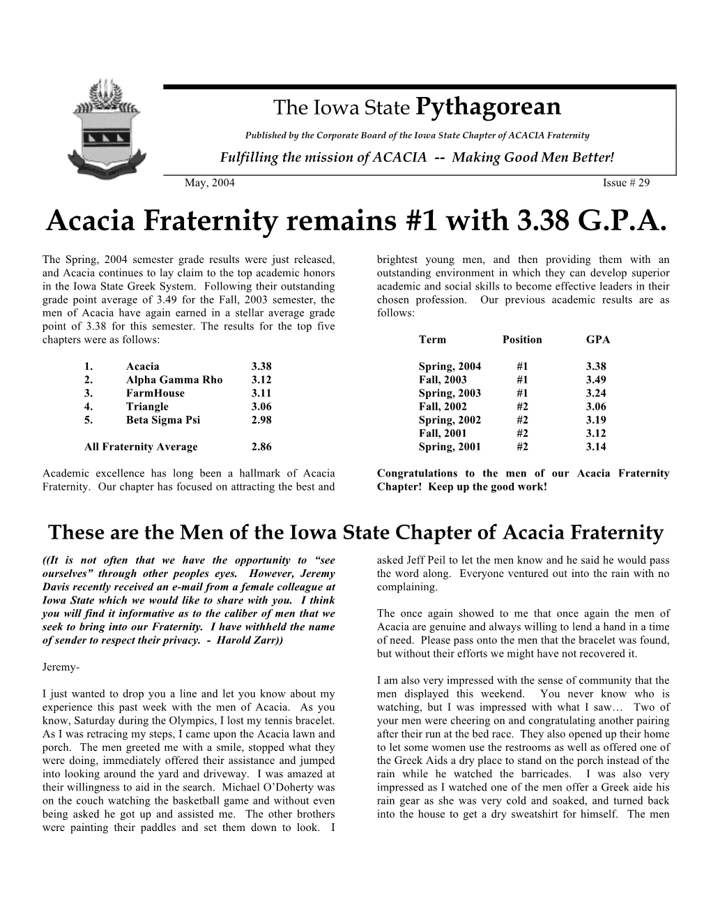 Acacia Fraternity Remains #1 with 3.38 G.P.A