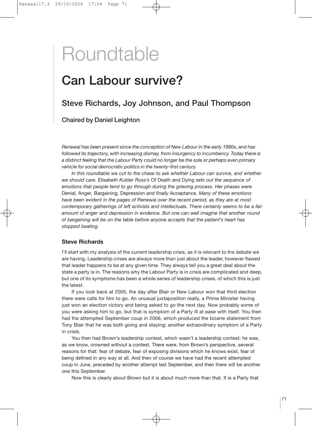 Steve Richards, Joy Johnson and Paul Thompson, Can Labour Survive?
