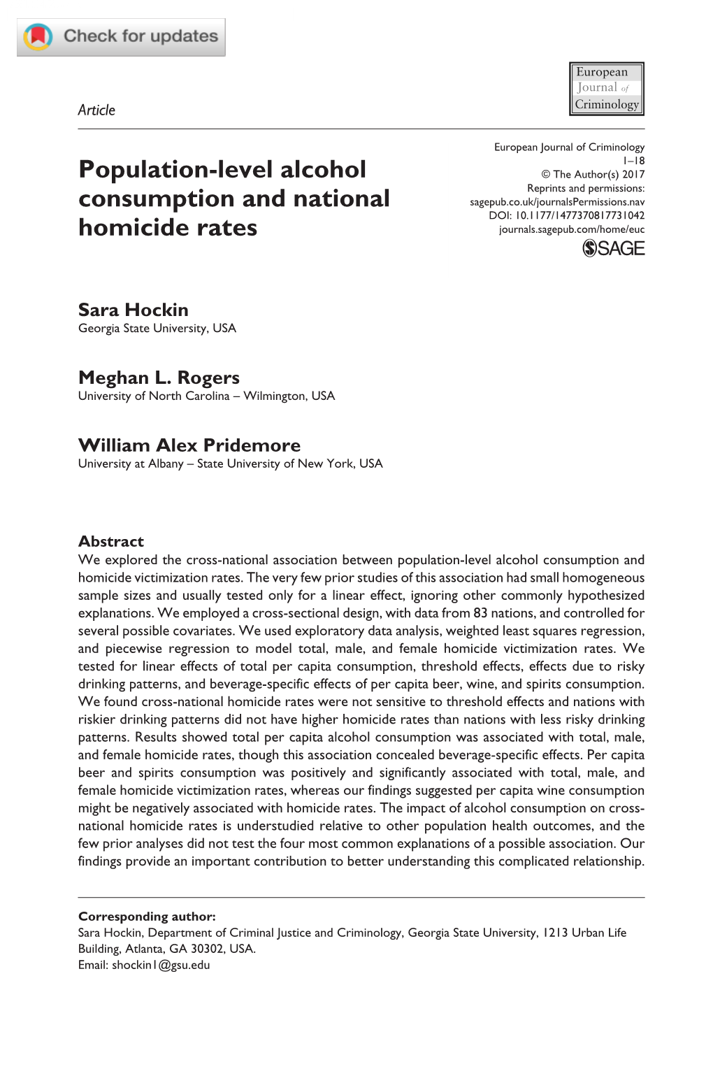 Population-Level Alcohol Consumption and National Homicide Rates