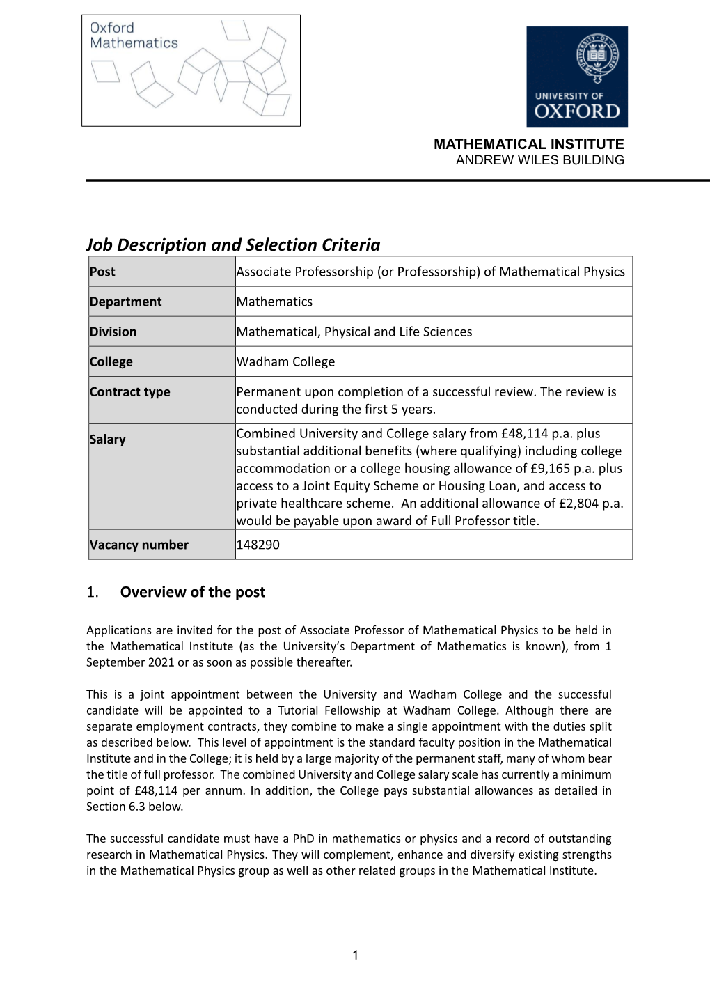 Job Description and Selection Criteria Post Associate Professorship (Or Professorship) of Mathematical Physics