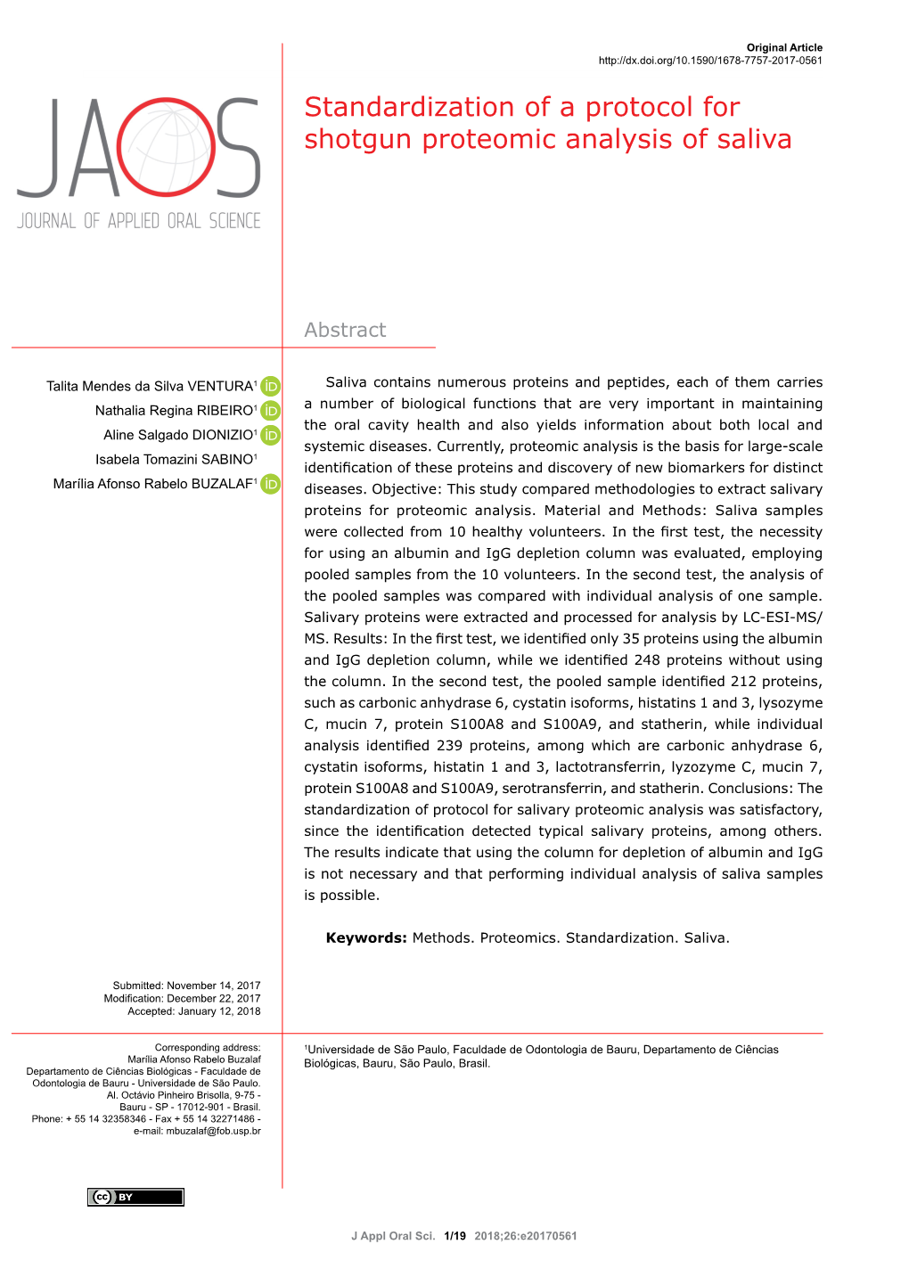 Standardization of a Protocol for Shotgun Proteomic Analysis of Saliva