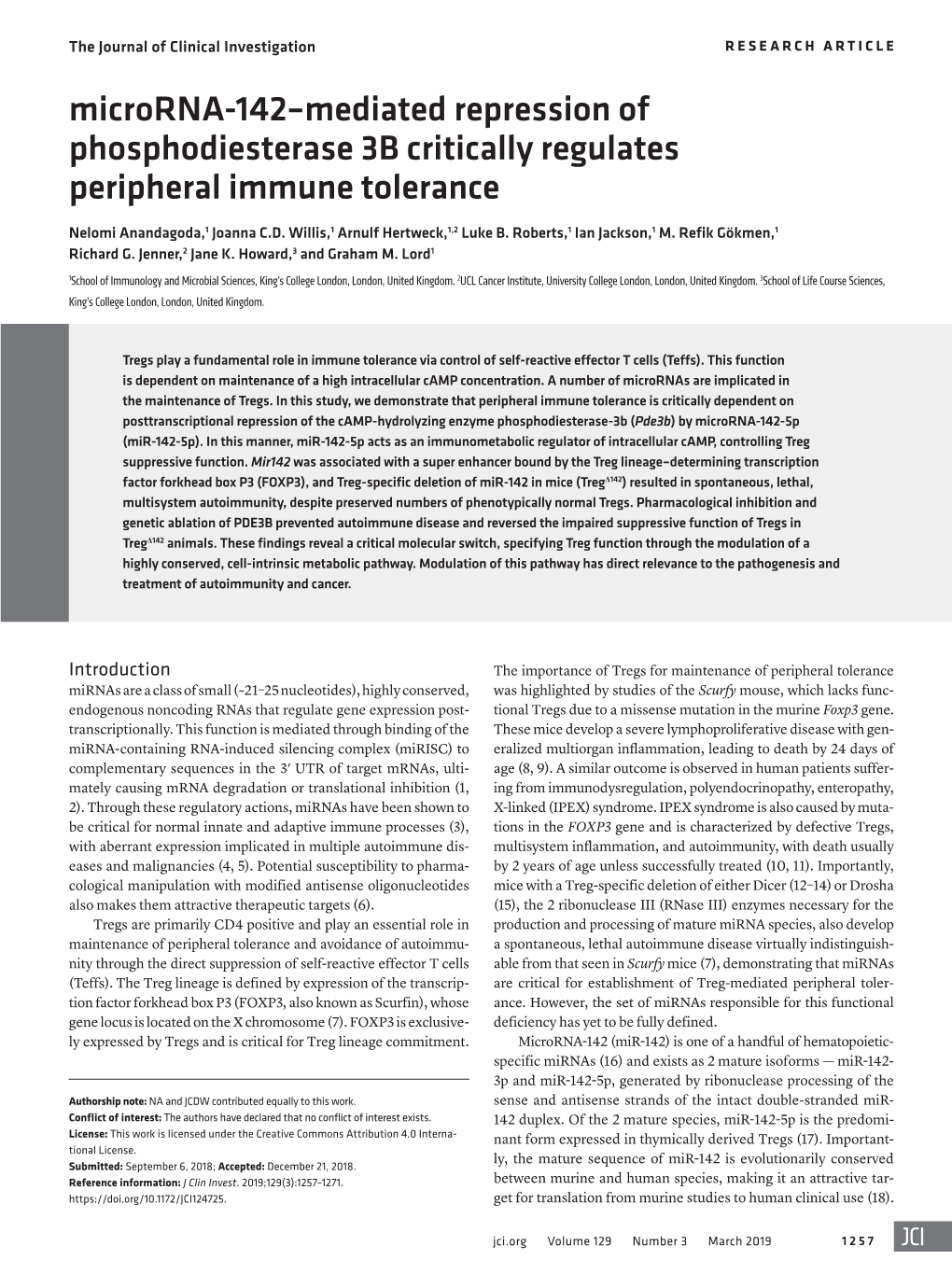 Microrna-142–Mediated Repression of Phosphodiesterase 3B Critically Regulates Peripheral Immune Tolerance