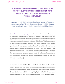 A Survey-Report on the Parents About Parental Control Over Their Child in Connection with Television Cartoons and Mobile-Games: a Philosophical Study