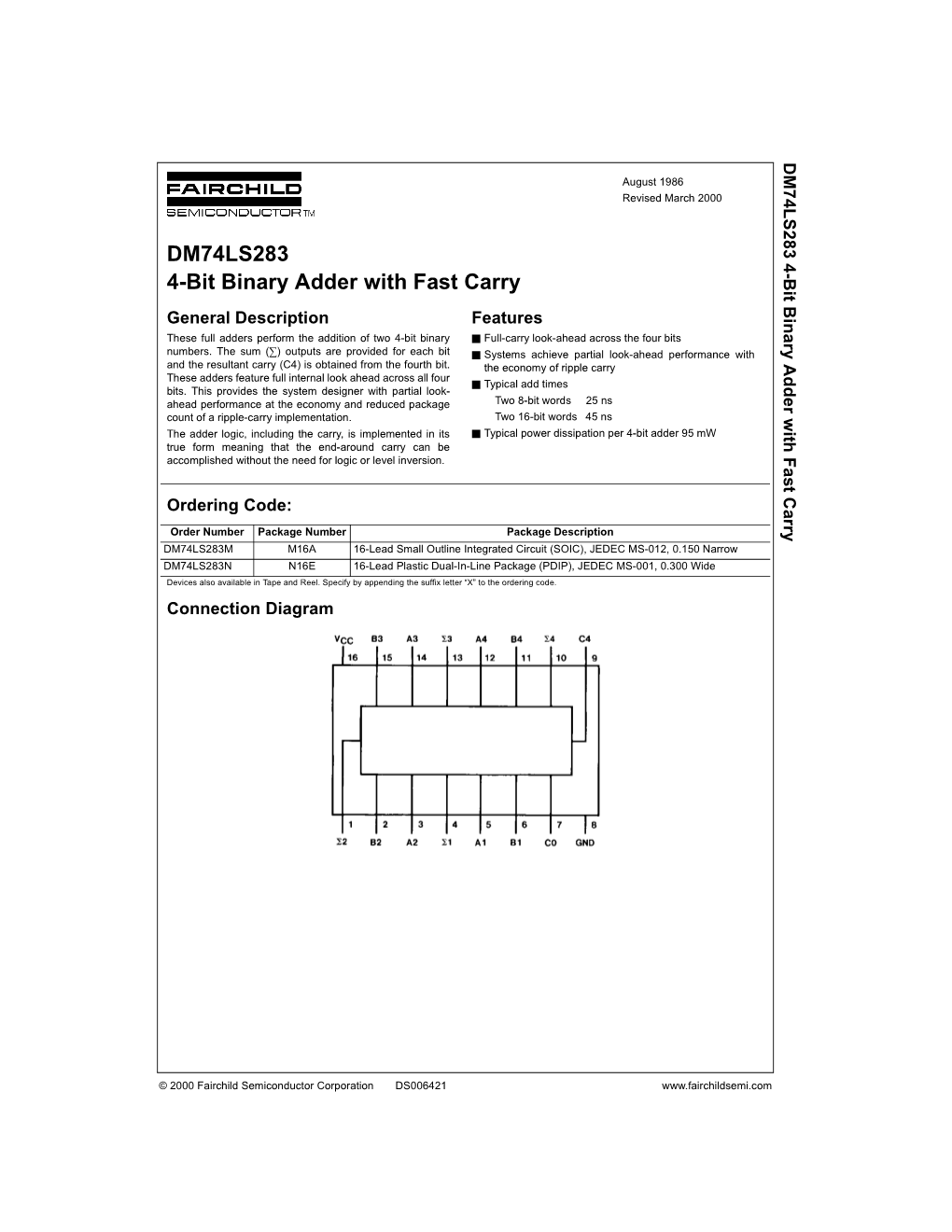 74LS283 4-Bit Binary Adder with Fast Carry