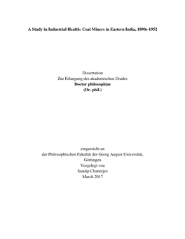 A Study in Industrial Health: Coal Miners in Eastern India, 1890S-1952