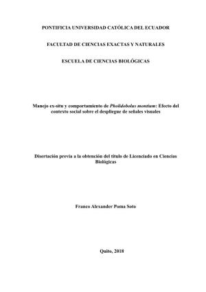 PONTIFICIA UNIVERSIDAD CATÓLICA DEL ECUADOR FACULTAD DE CIENCIAS EXACTAS Y NATURALES ESCUELA DE CIENCIAS BIOLÓGICAS Manejo Ex