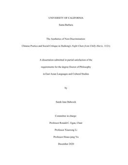 UNIVERSITY of CALIFORNIA Santa Barbara the Aesthetics of Non-Discrimination: Chinese Poetics and Social Critique in Huihong's N