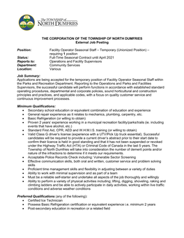 THE CORPORATION of the TOWNSHIP of NORTH DUMFRIES External Job Posting
