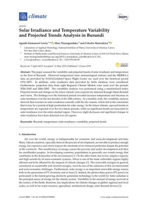 Solar Irradiance and Temperature Variability and Projected Trends Analysis in Burundi