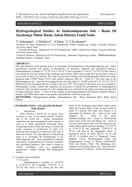 Hydrogeological Studies at Jalakandapuram Sub – Basin of Sarabanga Minor Basin, Salem District,Tamil Nadu