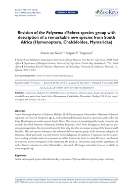 Revision of the Polynema Dikobraz Species-Group with Description of a Remarkable New Species from South Africa (Hymenoptera, Chalcidoidea, Mymaridae)