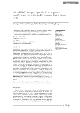 Microrna-325 Targets Lipocalin 15 to Suppress Proliferation, Migration and Invasion of Breast Cancer Cells