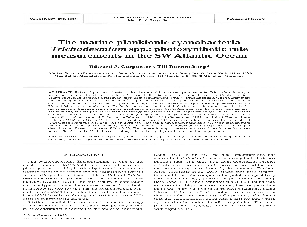 The Marine Planktonic Cyanobacteria Trichodesmium Spp.: Photosynthetic