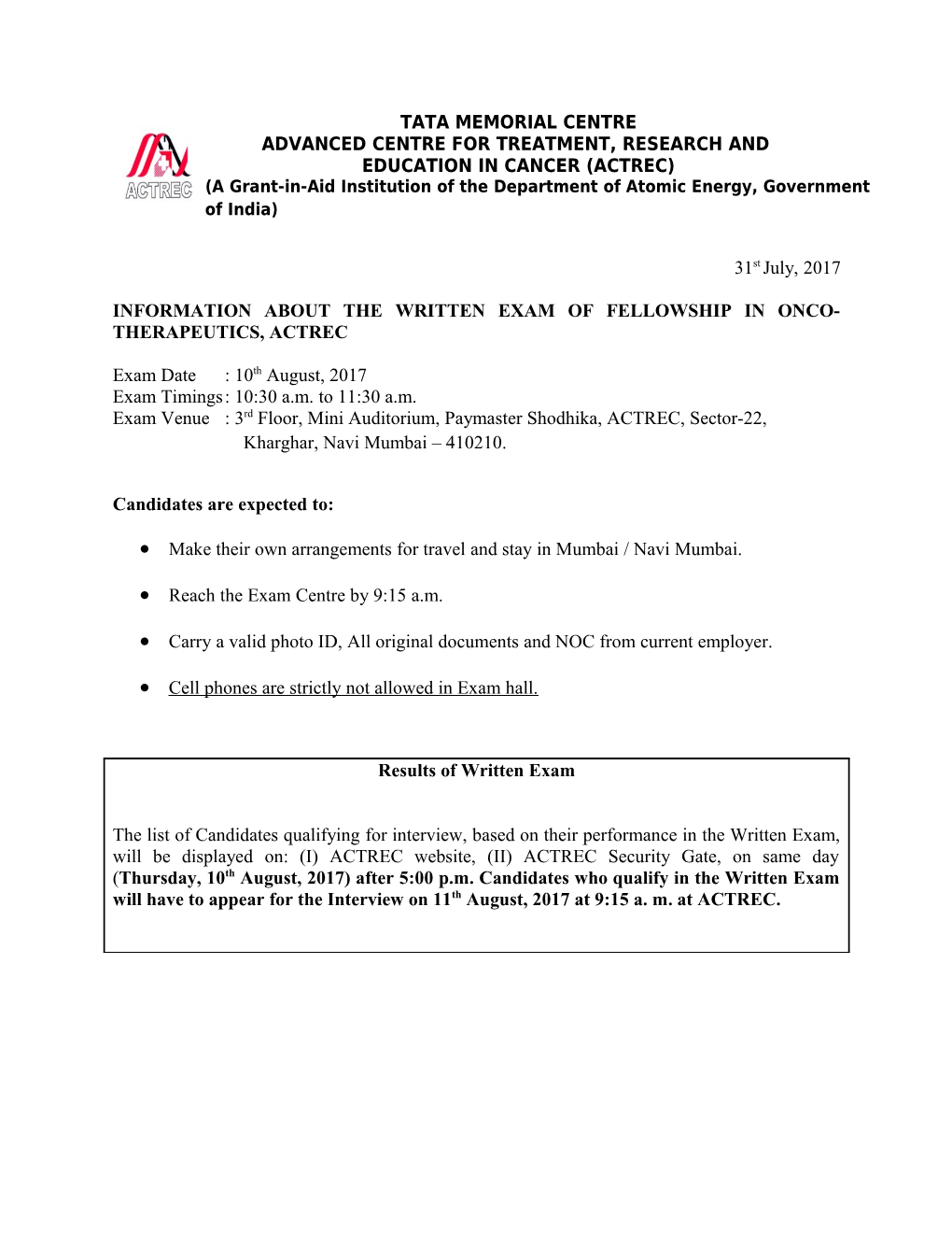 Information About the Written Exam of Fellowship in Onco-Therapeutics, Actrec