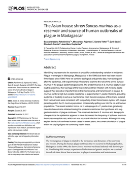 The Asian House Shrew Suncus Murinus As a Reservoir and Source of Human Outbreaks of Plague in Madagascar