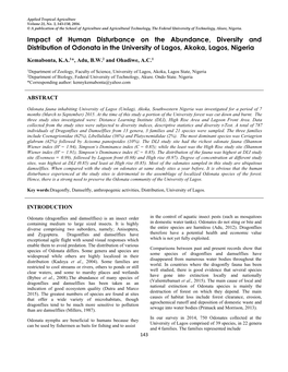 Impact of Human Disturbance on the Abundance, Diversity and Distribution of Odonata in the University of Lagos, Akoka, Lagos, Nigeria