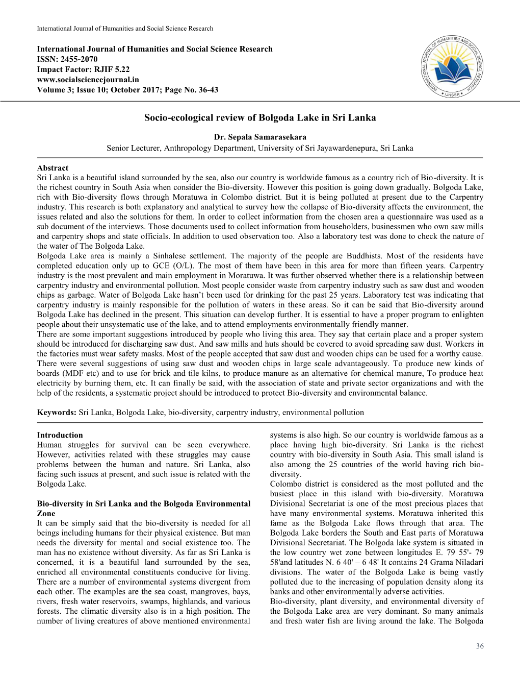 Socio-Ecological Review of Bolgoda Lake in Sri Lanka