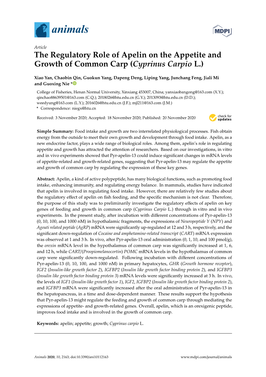 The Regulatory Role of Apelin on the Appetite and Growth of Common Carp (Cyprinus Carpio L.)