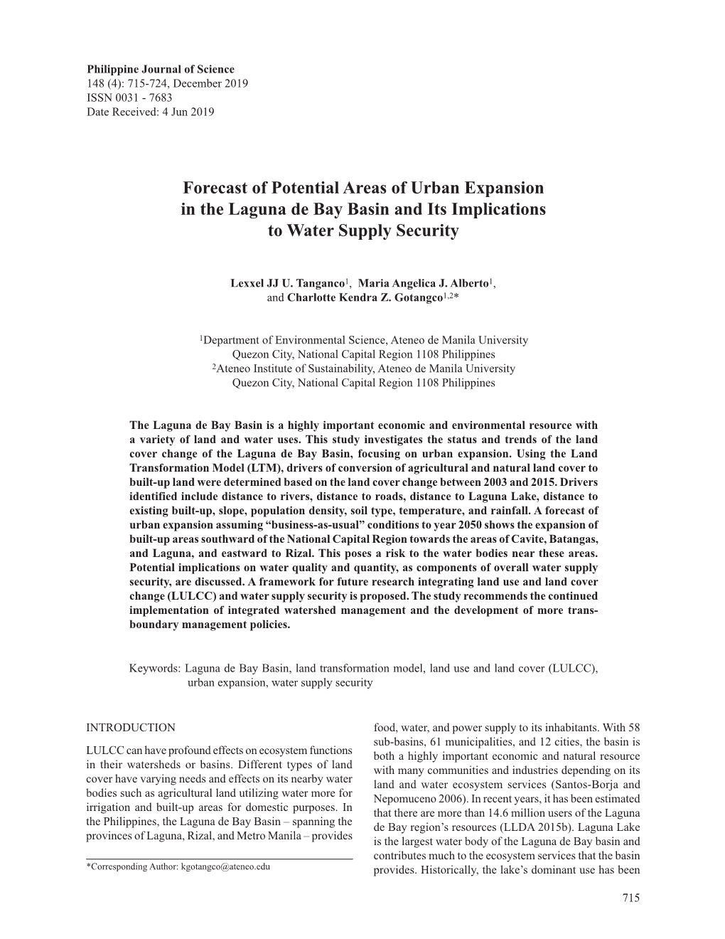 Forecast of Potential Areas of Urban Expansion in the Laguna De Bay Basin and Its Implications to Water Supply Security