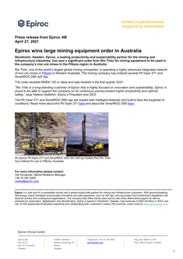 20210427 Epiroc Wins Large Mining Equipment Order in Australia