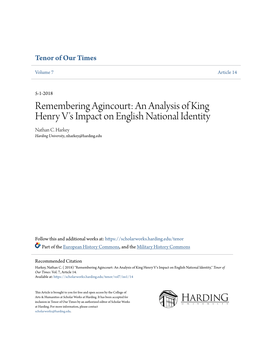 Remembering Agincourt: an Analysis of King Henry V's Impact on English National Identity Nathan C