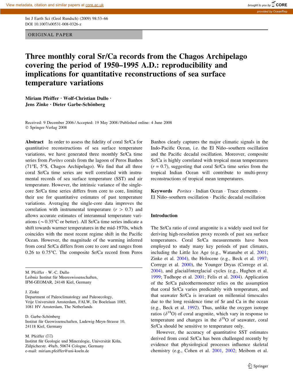 Three Monthly Coral Sr/Ca Records from the Chagos Archipelago