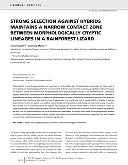 Strong Selection Against Hybrids Maintains a Narrow Contact Zone Between Morphologically Cryptic Lineages in a Rainforest Lizard