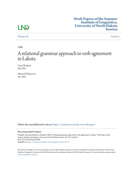 A Relational Grammar Approach to Verb Agreement in Lakota Gray Plunkett SIL-UND