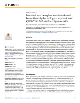 Modulation of Benzylisoquinoline Alkaloid Biosynthesis by Heterologous Expression of Cjwrky1 in Eschscholzia Californica Cells