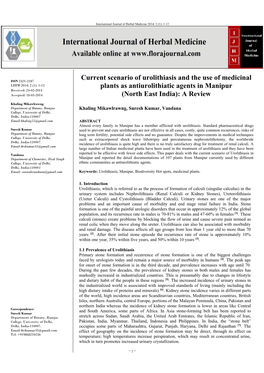 Current Scenario of Urolithiasis and the Use of Medicinal Plants As Antiurolithiatic Agents in Manipur