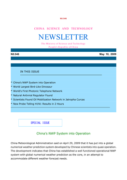 NEWSLETTER the Ministry of Science and Technology People's Republic of China