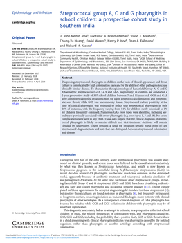 Streptococcal Group A, C and G Pharyngitis in School Children: a Prospective Cohort Study in Cambridge.Org/Hyg Southern India