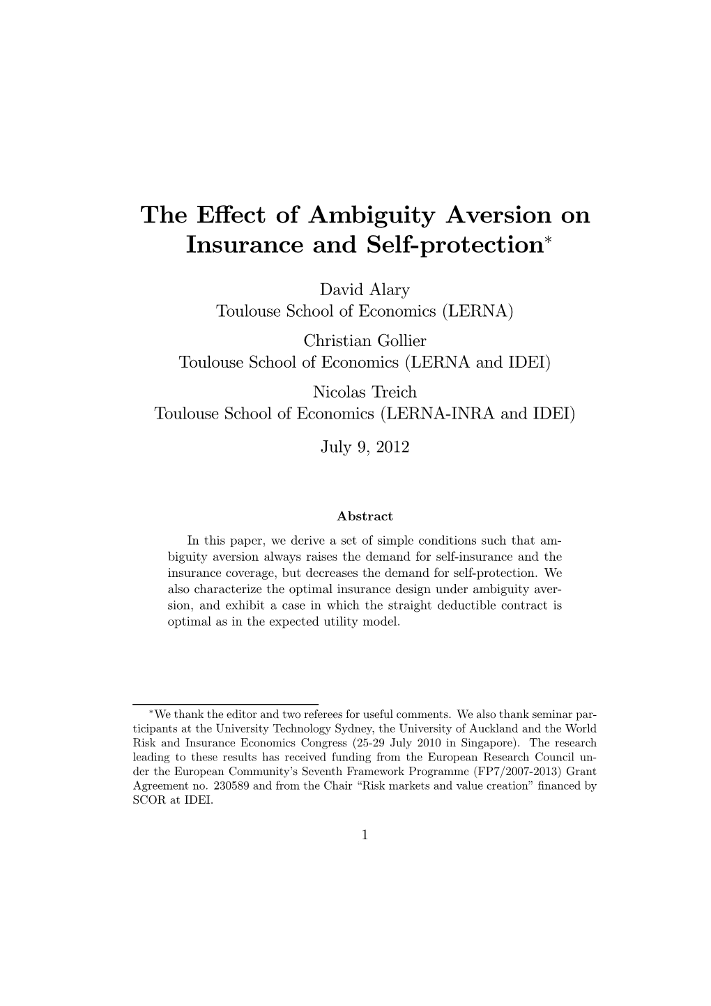 The Effect of Ambiguity Aversion on Insurance and Self-Protection∗