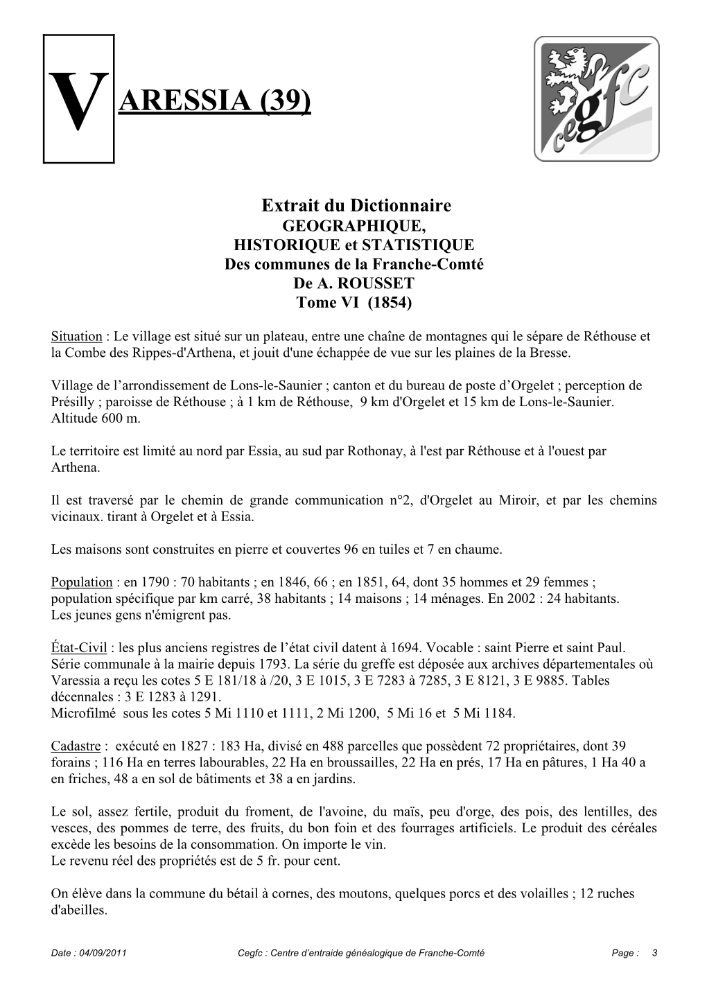 Notice Historique De Varessia