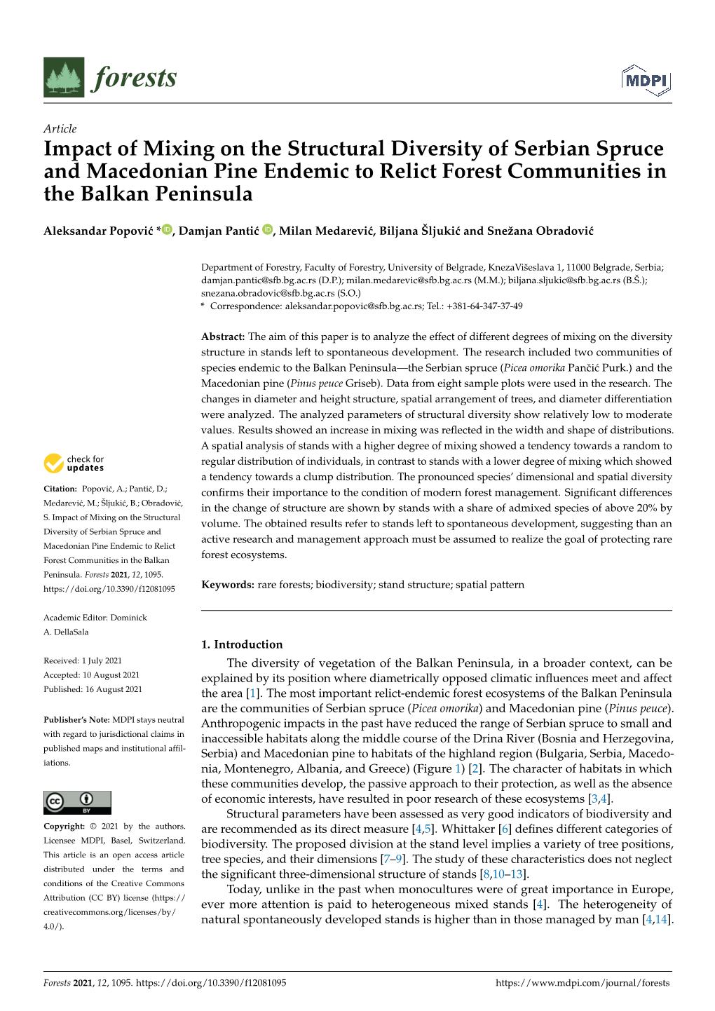 Impact of Mixing on the Structural Diversity of Serbian Spruce and Macedonian Pine Endemic to Relict Forest Communities in the Balkan Peninsula