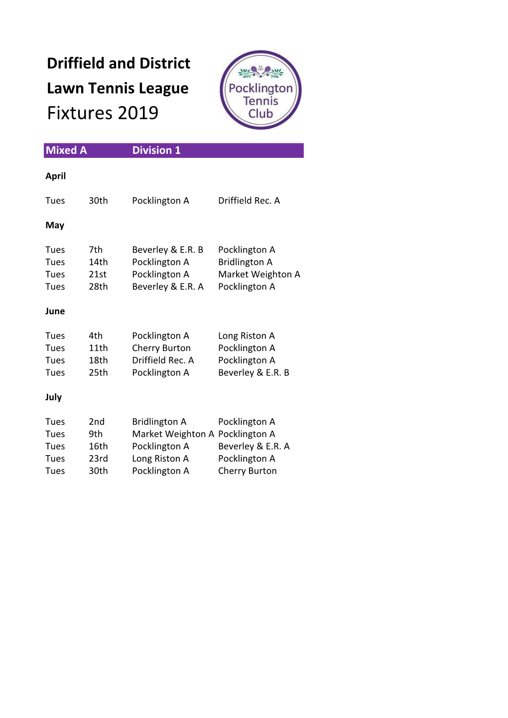 Fixtures 2019