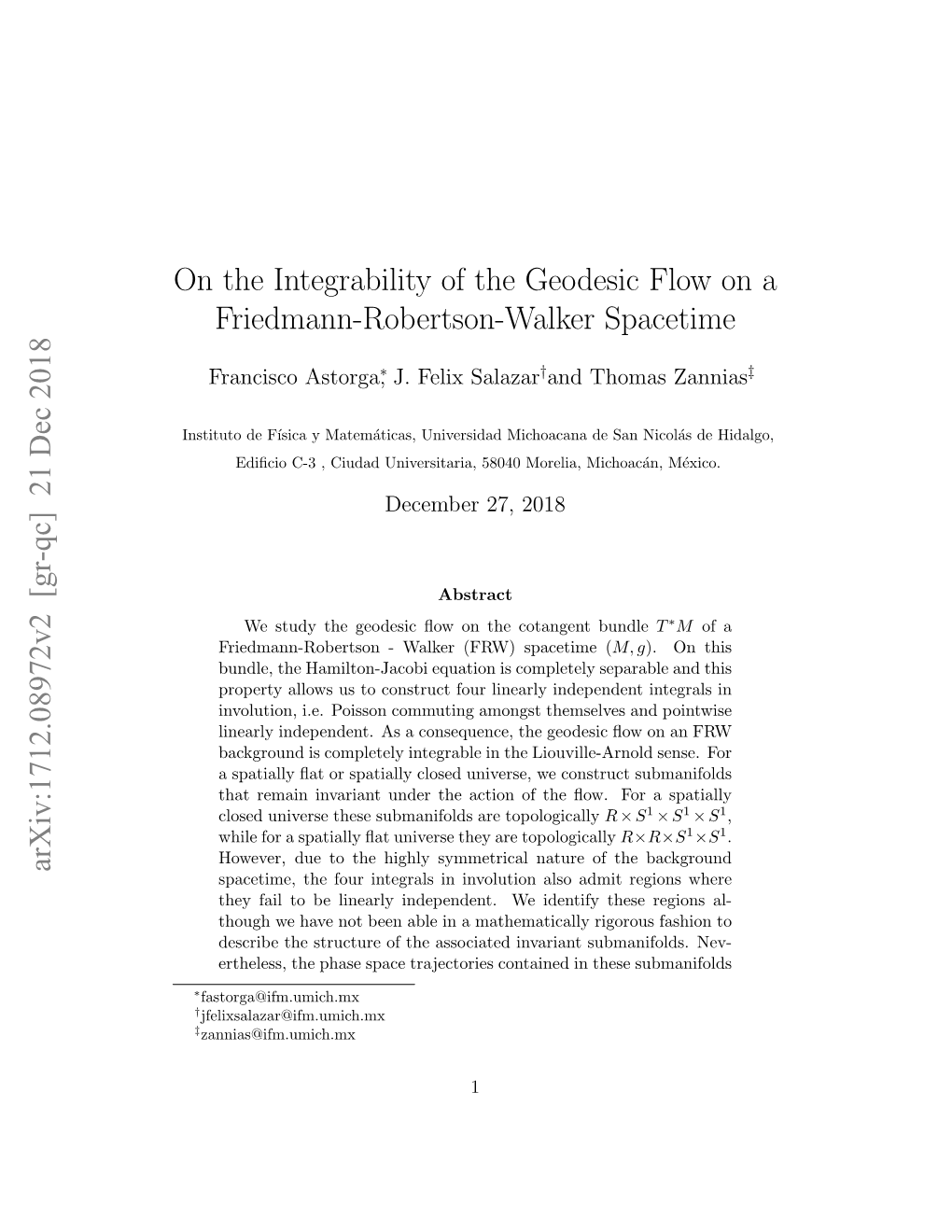 On the Integrability of the Geodesic Flow on a Friedmann-Robertson-Walker Spacetime