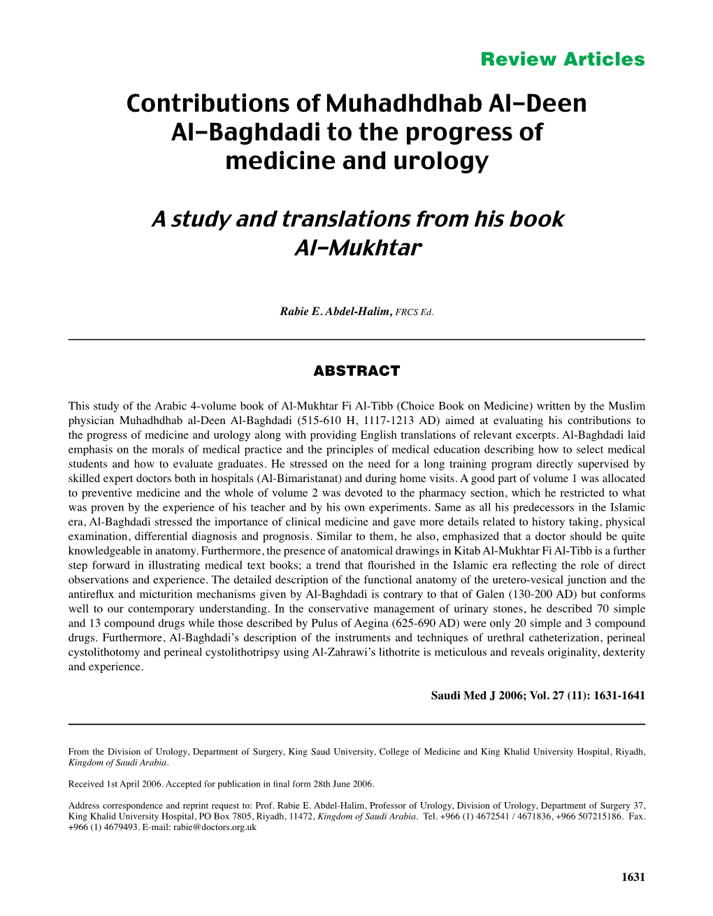 Contributions of Muhadhdhab Al-Deen Al-Baghdadi to the Progress of Medicine and Urology