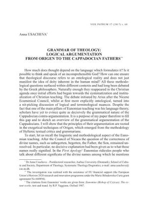 Logical Argumentation from Origen to the Cappadocian Fathers**