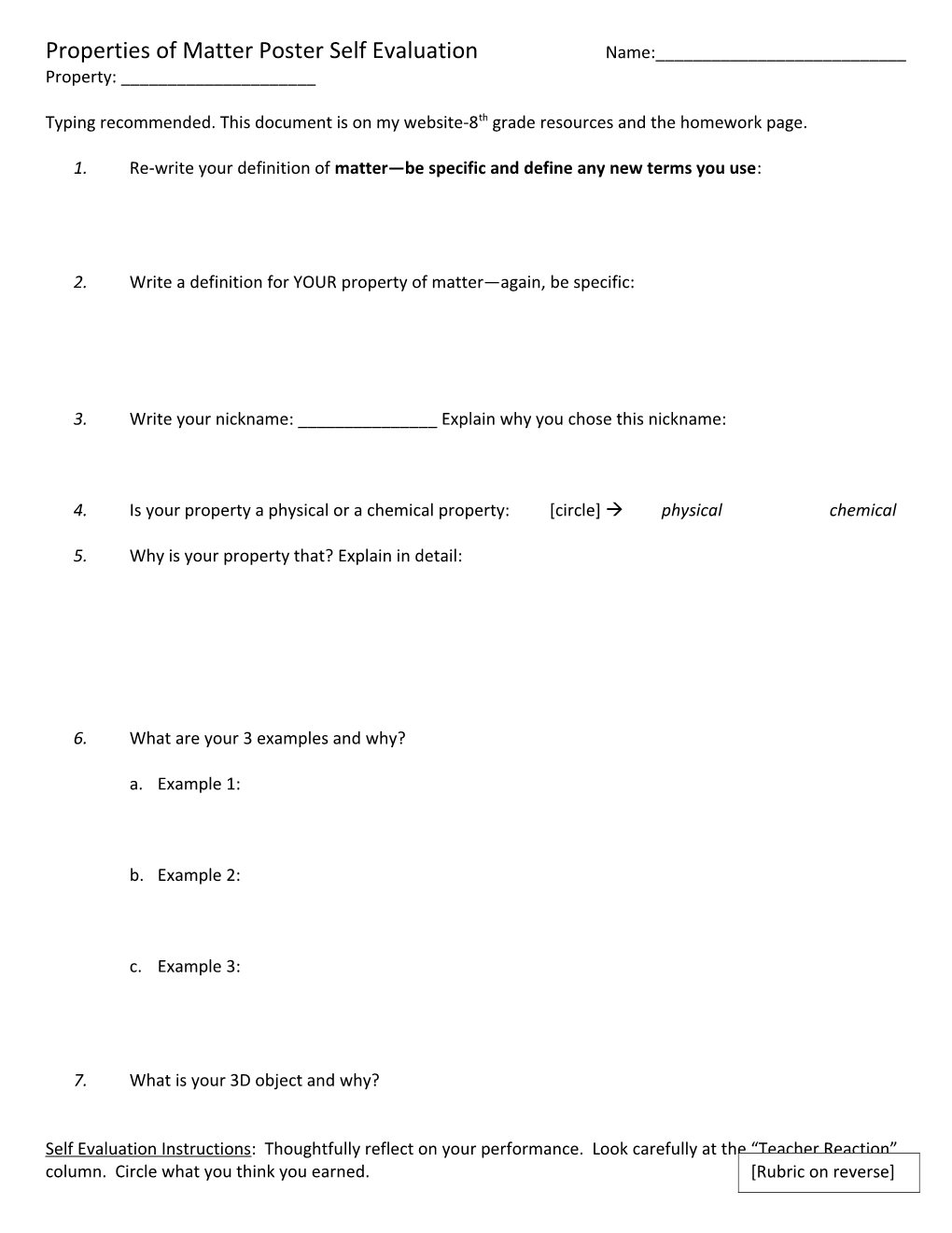 Properties of Matter Poster Rubric