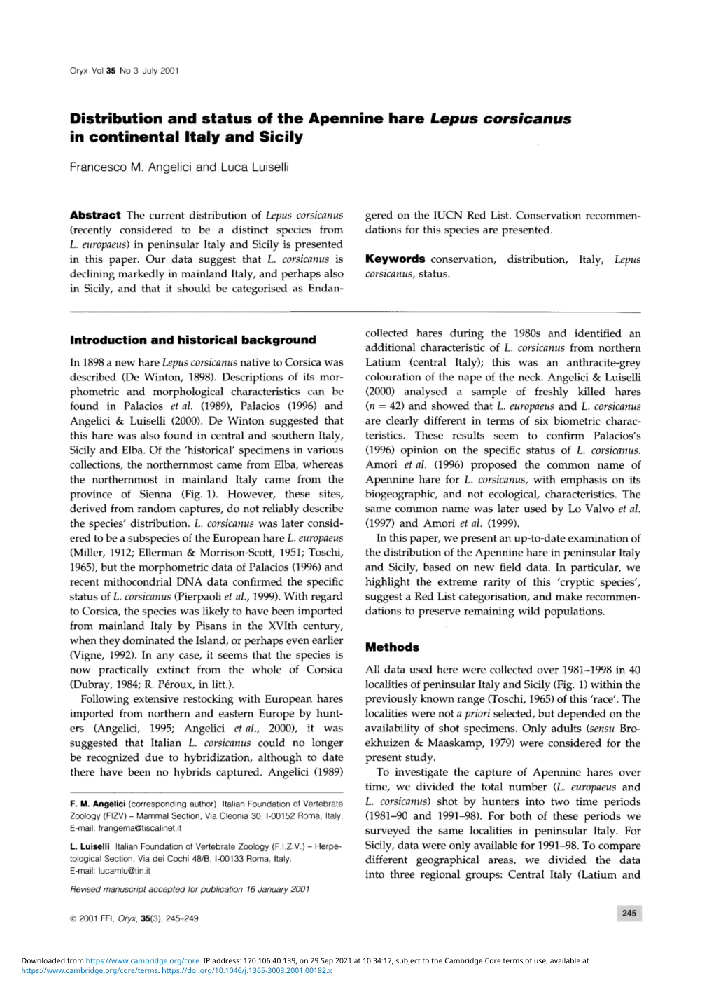 Distribution and Status of the Apennine Hare Lepus Corsicanus in Continental Italy and Sicily