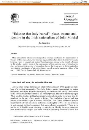 Place, Trauma and Identity in the Irish Nationalism of John Mitchel G