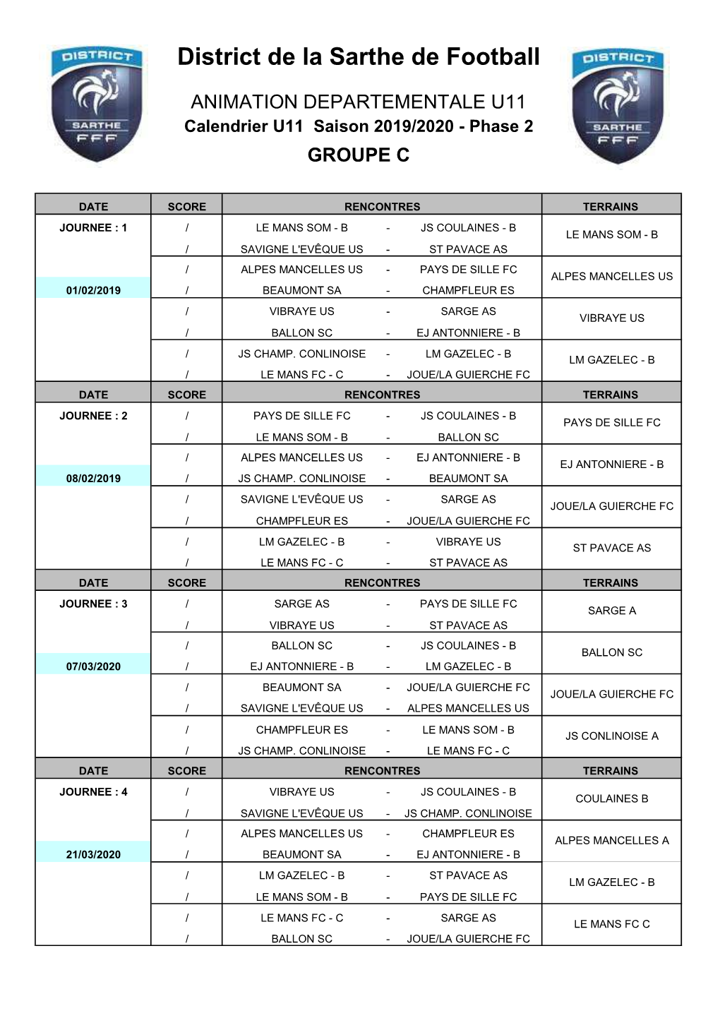 U11 Dép. – CALENDRIER ANIMATION