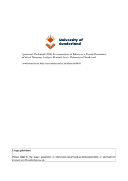 Djumrianti, Desloehal (2018) Representations of Jakarta As a Tourist Destination: a Critical Discourse Analysis. Doctoral Thesis, University of Sunderland